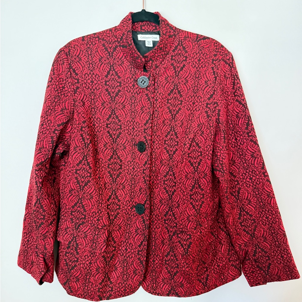 COLDWATER CREEK Red & Black Brocade Lined Wool Blend Long Sleeve Jacket Size 18W